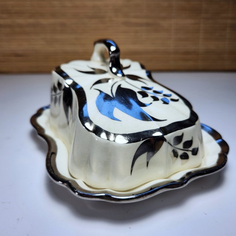 Lancaster & Sandland Butter Dish • White & Silver Luster • Vintage English Ware